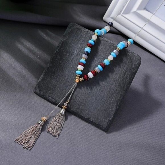Blue Beaded Tassel Fringe Lariat Long Vintage Silver Pendant Statement Necklace - Picture 5 of 8